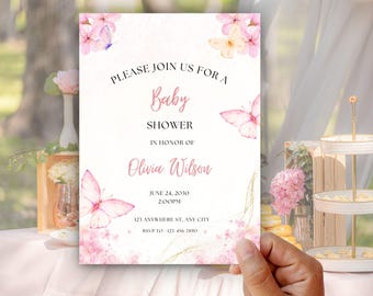 Butterfly Baby Shower Invitation, Pink Baby Girl Shower Invite, Editable Canva Template, Printable Baby Shower Invite