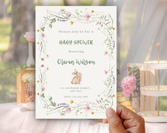 Wildflower Baby Shower Invitation, Bunny Baby Shower Invite, Woodland Baby Shower, Editable Canva Template, Garden Baby Shower
