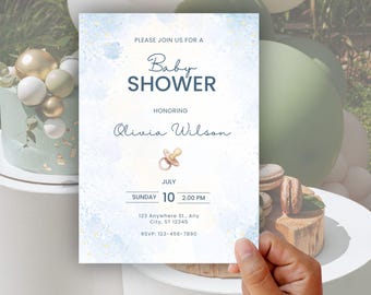 Blue Baby Shower Invitation Template, Editable Baby Boy Shower Invite, Minimal Pacifier Canva Template, Printable, Instant Download