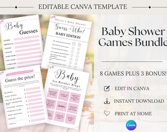 Baby Shower Games Bundle, Baby Girl Shower Games, Pink Bow Baby Games, Editable Canva Template, Printable Baby Shower Games