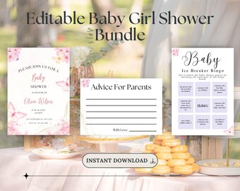 Butterfly Baby Girl Shower Bundle, Baby Shower Invitation & Games, Editable Canva Template, Instant Download, Printable
