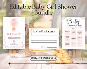 Baby Girl Shower Bundle, Teddy Bear Baby Shower Invitation, Pink Baby Shower Games, Canva Template, Instant Download