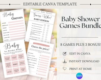 Baby Shower Games Bundle, Pink Baby Shower Games, Baby Girl Shower Games, Editable Canva Template, Printable Baby Games
