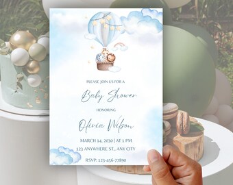 Blue Hot Air Balloon Baby Shower Invitation Template, Editable Boy Baby Shower Invite, Canva Template, Printable, Instant Download