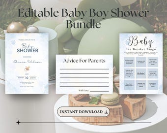 Blue Baby Boy Shower Bundle, Editable Baby Shower Invitation, Games Bundle, Canva Template, Printable, Instant Download