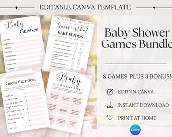 Baby Shower Games Bundle, Baby Girl Shower Games, Pink Baby Shower Games, Editable Canva Template, Instant Download