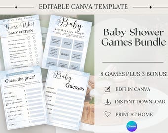 Blue Baby Shower Games Bundle, Editable Baby Boy Shower Games, Minimal Baby Games, Canva Template, Printable, Instant Download