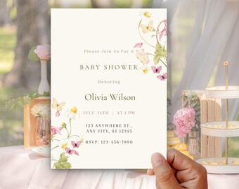 Wildflower Baby Shower Invitation, Butterfly Baby Shower Invite, Floral Baby Shower, Editable Canva Template, Garden Baby Shower