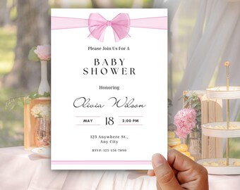Pink Bow Baby Shower Invitation, Baby Girl Shower Invite, Editable Canva Template, Printable Baby Shower Invite