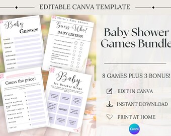 Baby Shower Games Bundle, Butterfly Baby Shower Games, Baby Girl Shower Games, Editable Canva Template, Instant Download