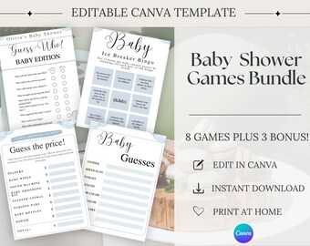 Blue Baby Shower Games Bundle, Editable Baby Boy Shower Games, Hot Air Balloon Baby Shower, Canva Template, Instant Download