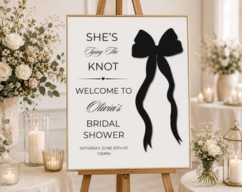 Editable She's Tying the Knot Bridal Shower Welcome Sign, Black Bow Welcome Sign, Coquette Bridal Shower Canva Template, 8x10-24x36