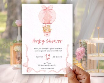Teddy Bear Baby Shower Invitation, Pink Bow Baby Girl Invite, Editable Canva Template, Hot Air Balloon, Instant Download