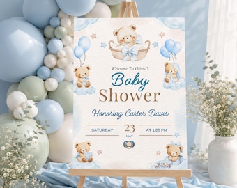 Teddy Bear Baby Shower Welcome Sign, Editable Baby Shower Welcome Sign Template, Baby Boy Shower Sign, Canva Instant Download