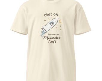 Blast Off Rocket Moonrise Cafe T-Shirt – 100% Combed Cotton Unisex Tee