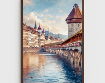 Lucerne Switzerland Watercolor Art Print: Urban Street Photography (Digital Download)