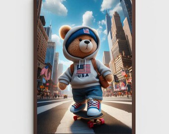 Teddy Bear in United States Art Print: Nursery, Living Room Decor (Digital Download