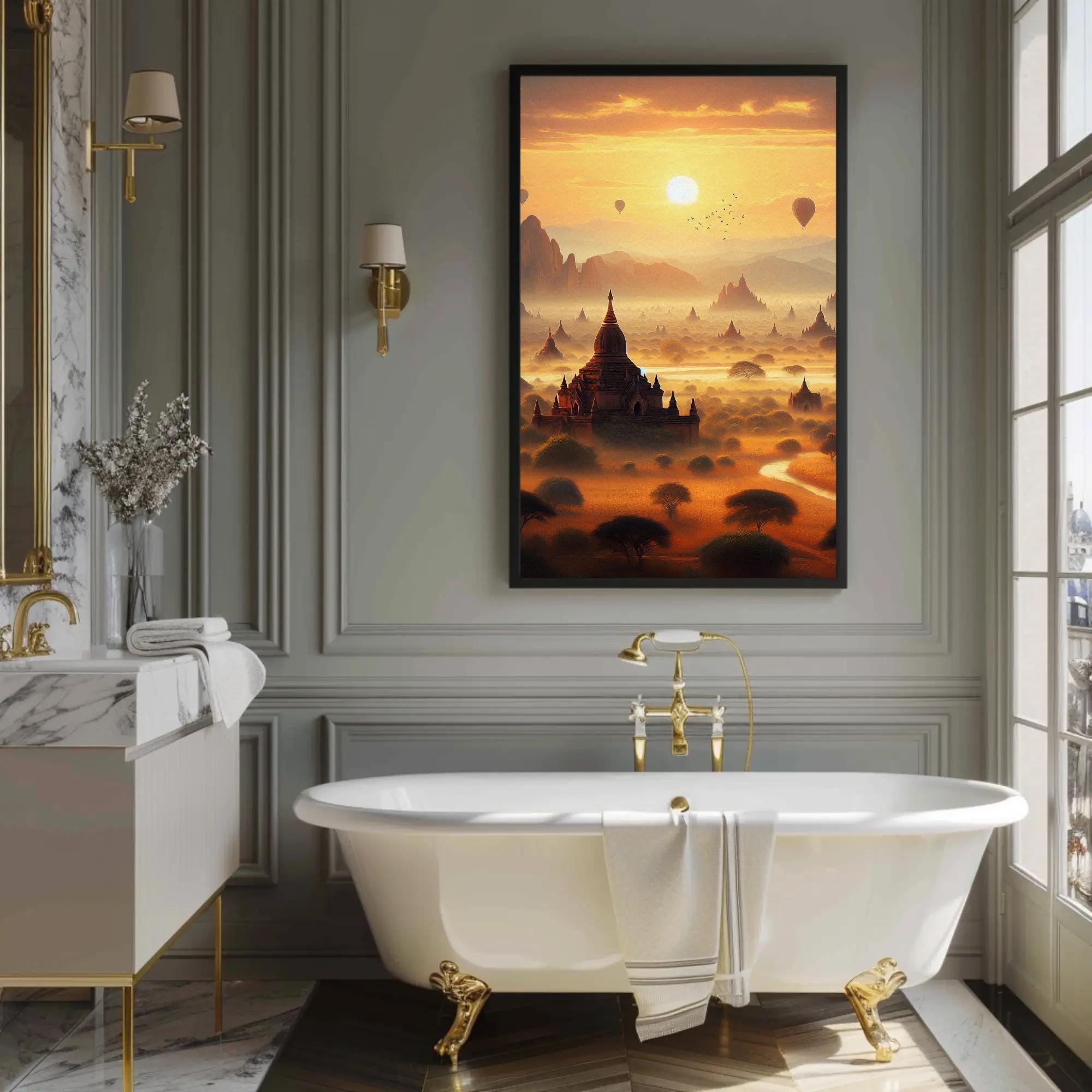バガン寺院の油絵：ミャンマーのパゴダ風景画（デジタルダウンロード