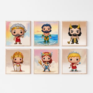 6 pinturas de acuarela con temática de dios griego, arte cómico, decoración de pared para guardería, regalo para bebé recién nacido, baby shower, arte imprimible, descarga digital