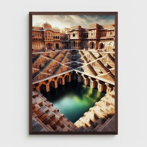 May include: A stepwell in India, a large, open-air water tank with intricate stone steps leading down to the water. The stepwell is surrounded by buildings and has a green pool of water at the bottom.