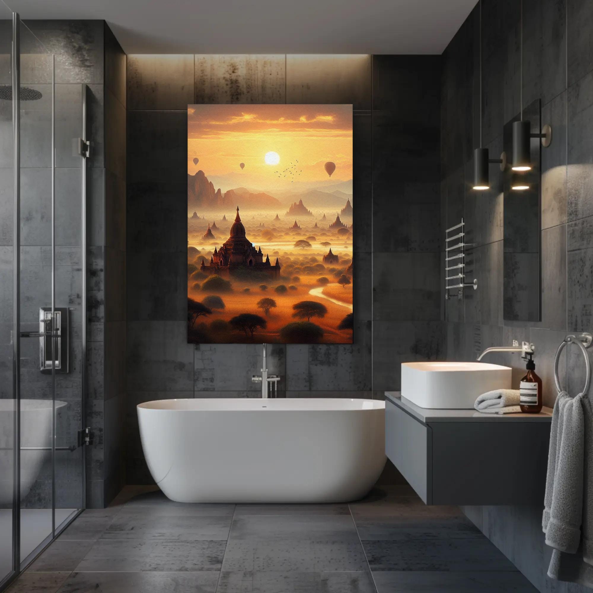 バガン寺院の油絵：ミャンマーのパゴダ風景画（デジタルダウンロード