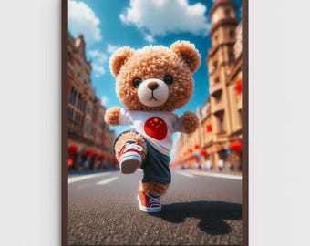 Teddy Bear in China Art Print, Nursery Decor (Digital Download)