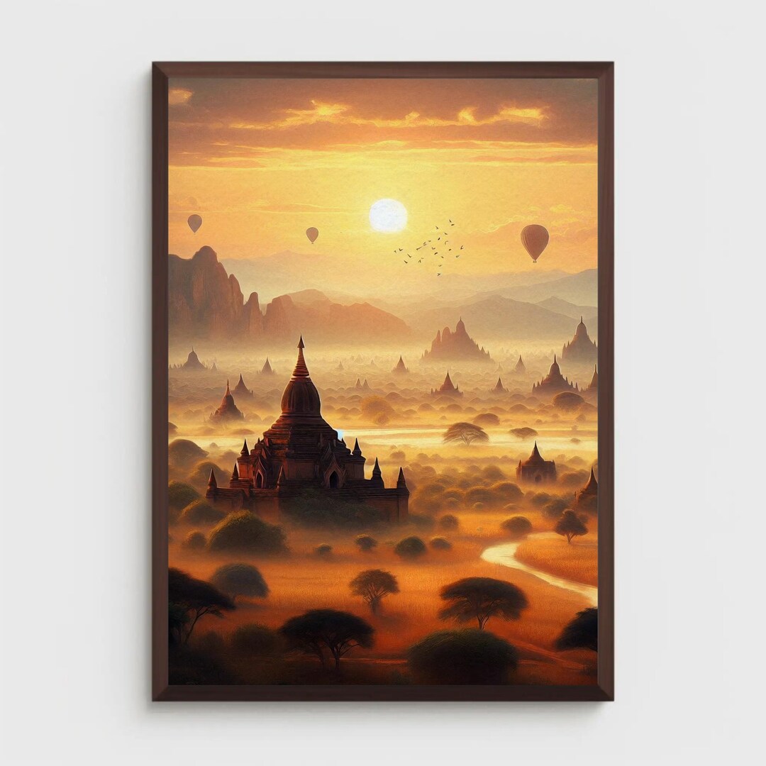 バガン寺院の油絵：ミャンマーのパゴダ風景画（デジタルダウンロード