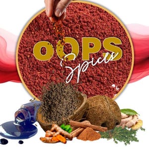 May include: A vibrant image showcasing a variety of spices and ingredients. A large circular display of red spices is the focal point, with the text "OOPS spices" in gold. Additional spices, including turmeric, cinnamon, and cumin, are arranged below.