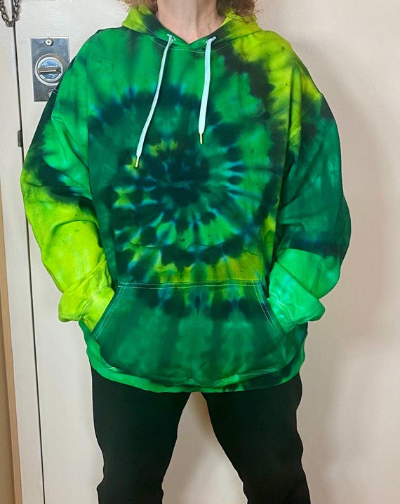 Tie Dye Unisex Hooded Sweatshirt L Green Swirl Hoodie Hand