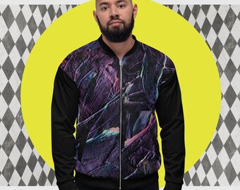 Dark Abstract Unisex Bomber Jacket, Black, Purple, Teal Artistic Streetwear, Men and Women