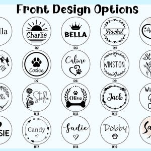 Puede incluir: Una cuadr&iacute;cula de veinte opciones de dise&ntilde;o circulares en blanco y negro, etiquetadas de D1 a D20 bajo el t&iacute;tulo Front Design Options. Cada c&iacute;rculo presenta una tipograf&iacute;a &uacute;nica, nombres como Bella, Charlie y Stella, e iconos que incluyen corazones, huellas, monta&ntilde;as y elementos florales.