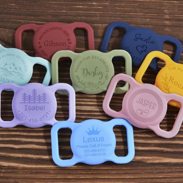 Pet AirTag Collar Holder, Pet ID Tag, Silicone Silent Air Tag Case, Slide‑On AirTag Holder for Dog & Cat Collar, Custom Engraving Dog Tag