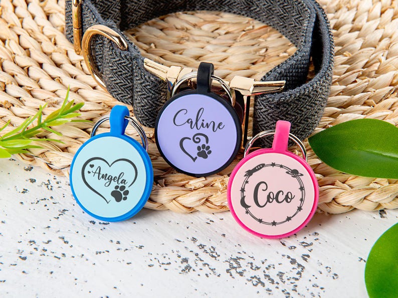 Puede incluir: Tres placas de identificaci&oacute;n circulares para mascotas con bordes de silicona en azul claro, lavanda y rosa. La placa azul claro tiene el nombre Angela con un coraz&oacute;n y una huella. La placa lavanda muestra Caline con un coraz&oacute;n y una huella. La placa rosa muestra Coco dentro de un borde de estrellas y planetas.
