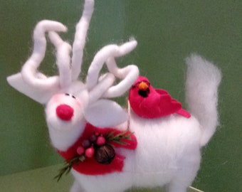 Winter White Christmas Reindeer With Cardinal Felted Wool Ornament