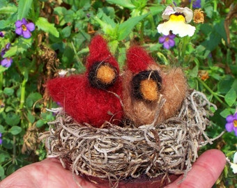 Cardinal Couple of Felted Wool in Nest Ornament