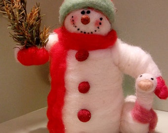 Snowman With Goose Felted Wool Ornament