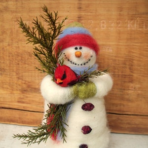 Buddy the Snowman and Cardinal Wool Wrapped/Needle Felted 7 " Ornament No. 2/Figurine Made to Order.....please check shipping time