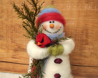 Buddy the Snowman and Cardinal Wool Wrapped/Needle Felted 7 " Ornament No. 2/Figurine Made to Order.....please check shipping time
