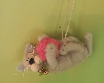 Festive Feisty Felted Wool Kitty Ornament