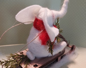 Elephant (WHITE) on Sled Wool Wrapped/Needle Felted Ornament