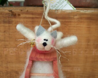 Kitten on Sled Wool Wrapped/Needle Felted Ornament