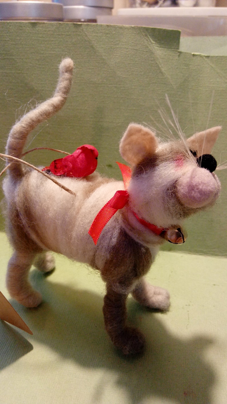 Kitty Cat and Cardinal Christmas Felted Wool Ornament image 3