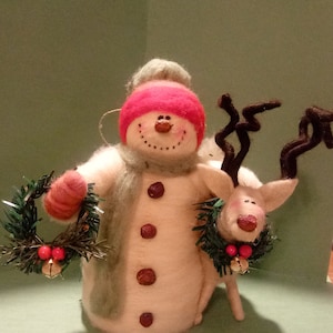 Felted Wool Snowman and Reindeer Ornament image 1