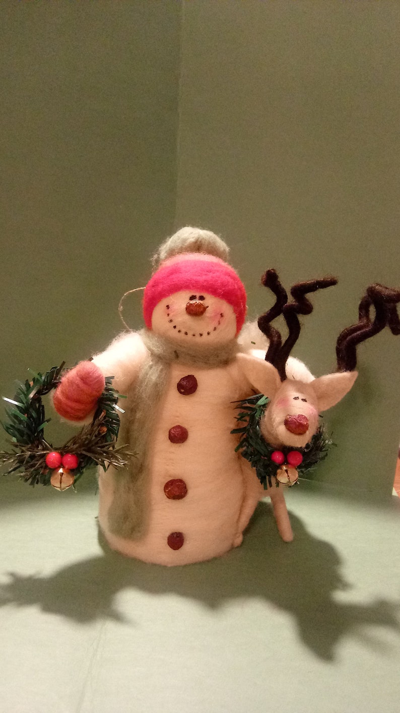 Felted Wool Snowman and Reindeer Ornament image 1