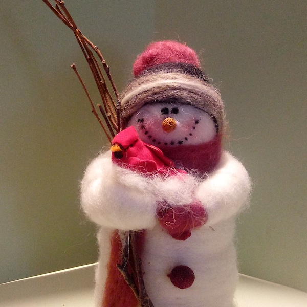 Buddy the Snowman and Cardinal Wool Wrapped/Needle Felted Ornament/Figurine..Made to Order..please check shipping time