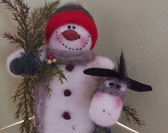 NEW - Snowy and Donkey Felted Wool 7" Snowman