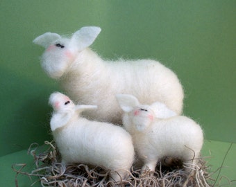 Mother's Day Sheep Mom and 2 Baby Lamb Felted Wool Figurine