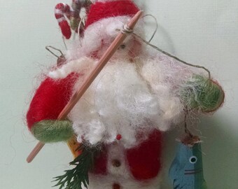 Miniature 4" Fisherman Felted Wool Santa Ornament - NEW for 2015