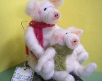 Pig and Piglet on Sled Felted Wool Ornament....Made to Order....please check shipping time