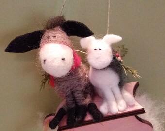 Donkey and Lamb on Sled Felted Wool Ornament